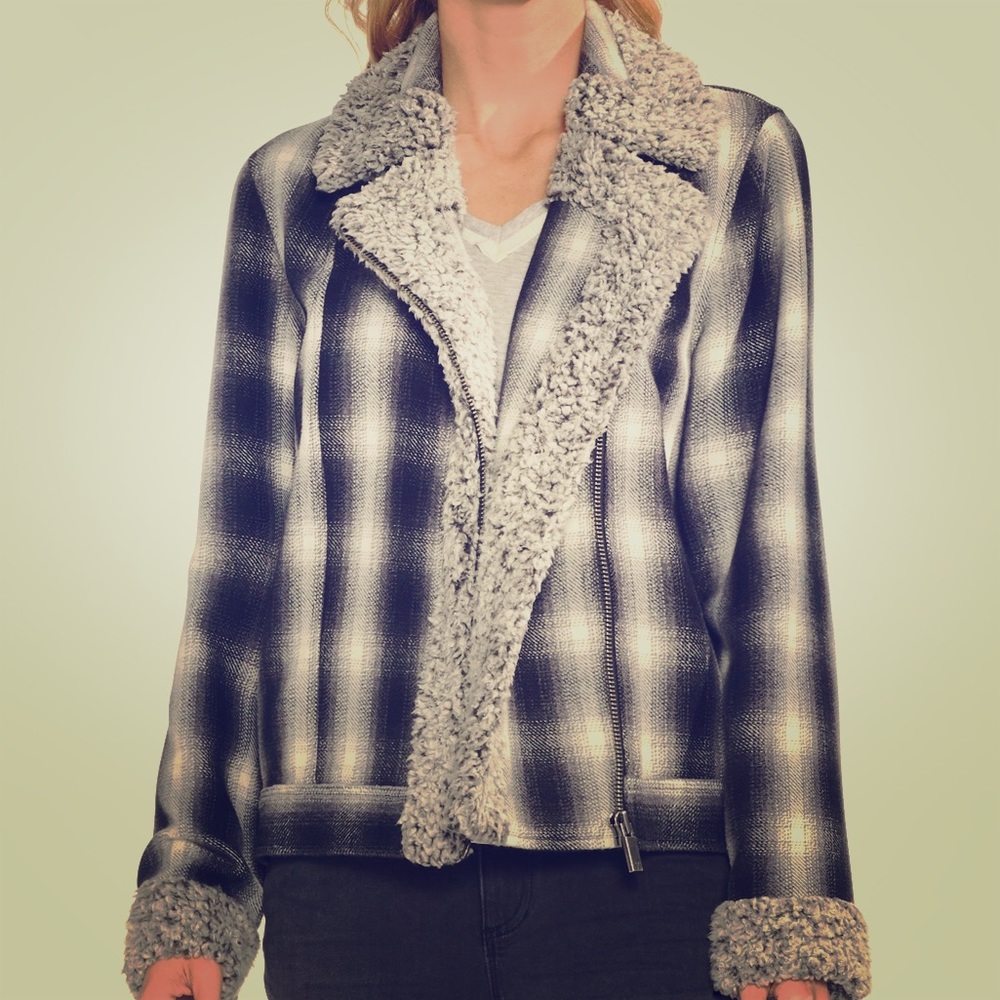 Vince Camuto Flannel & Faux Shearling Moto Jacket
